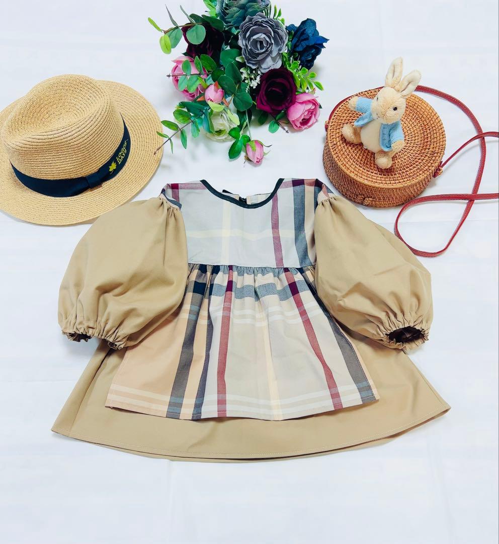 handmade母娘リンクコーデ♡ベージュ系大格子xベージュ無地♡親子お揃い