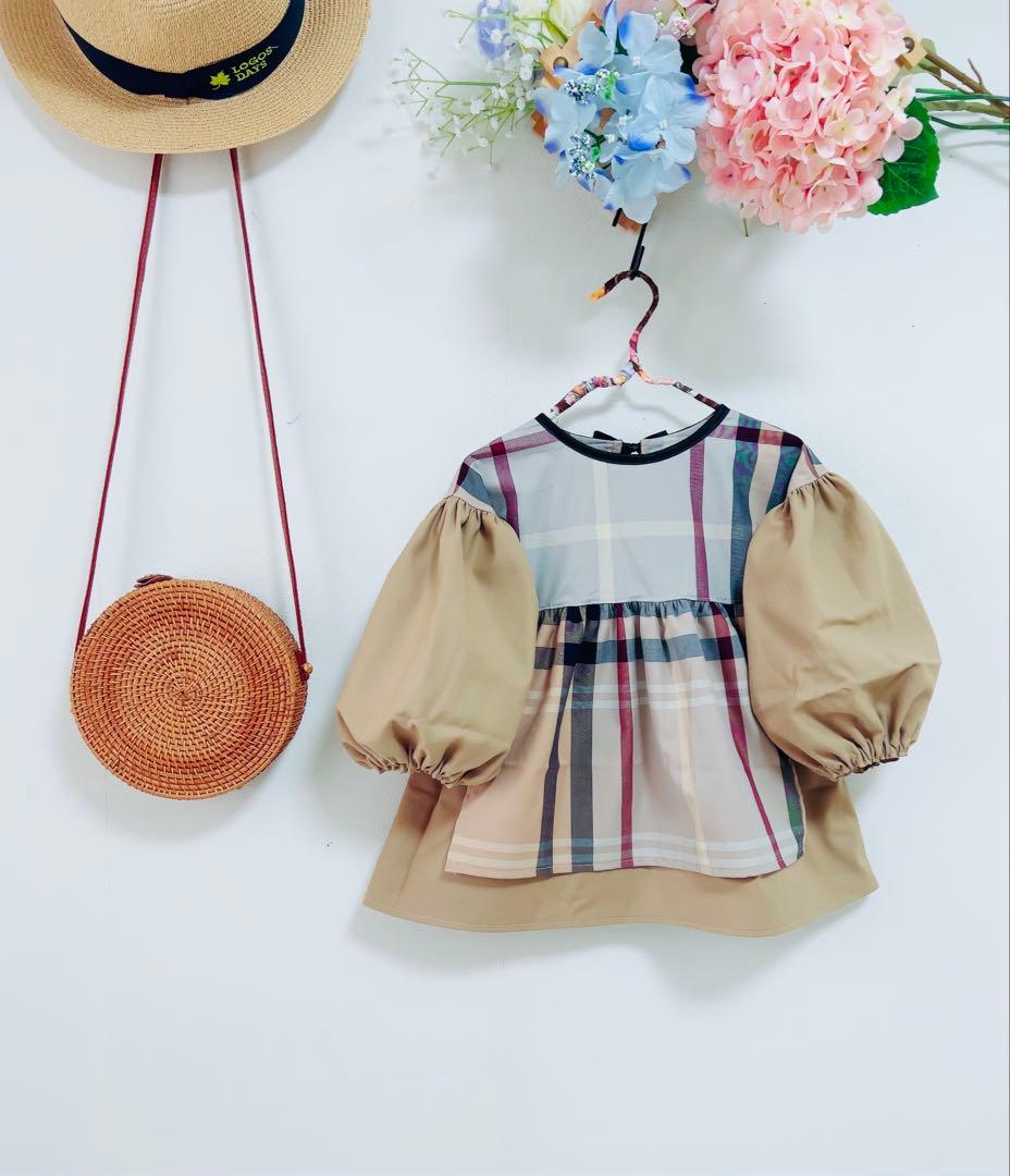 handmade母娘リンクコーデ♡ベージュ系大格子xベージュ無地♡親子お揃い
