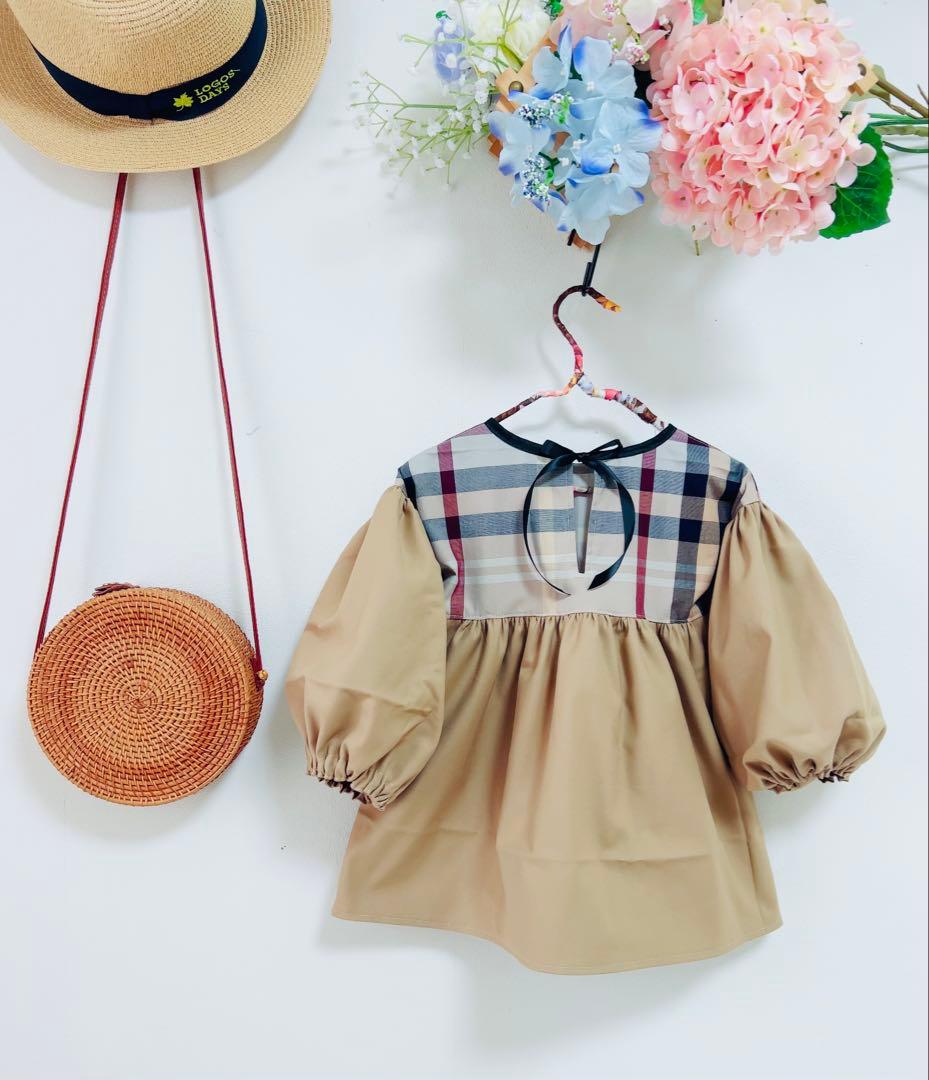 handmade母娘リンクコーデ♡ベージュ系大格子xベージュ無地♡親子お揃い