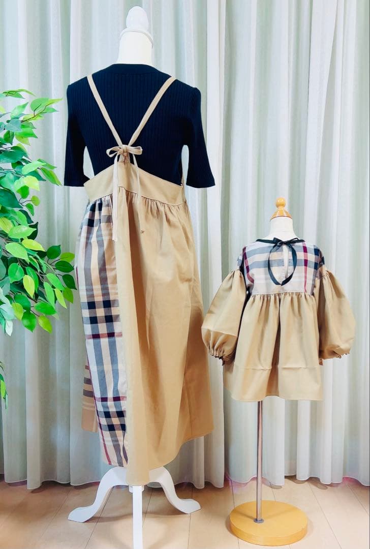 handmade母娘リンクコーデ♡ベージュ系大格子xベージュ無地♡親子お揃い