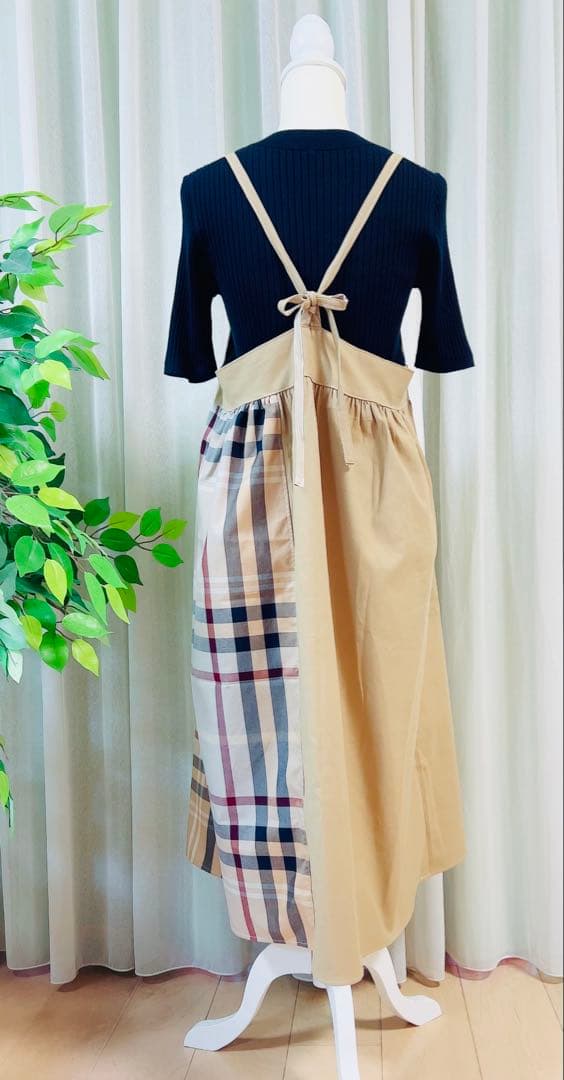 handmade母娘リンクコーデ♡ベージュ系大格子xベージュ無地♡親子お揃い