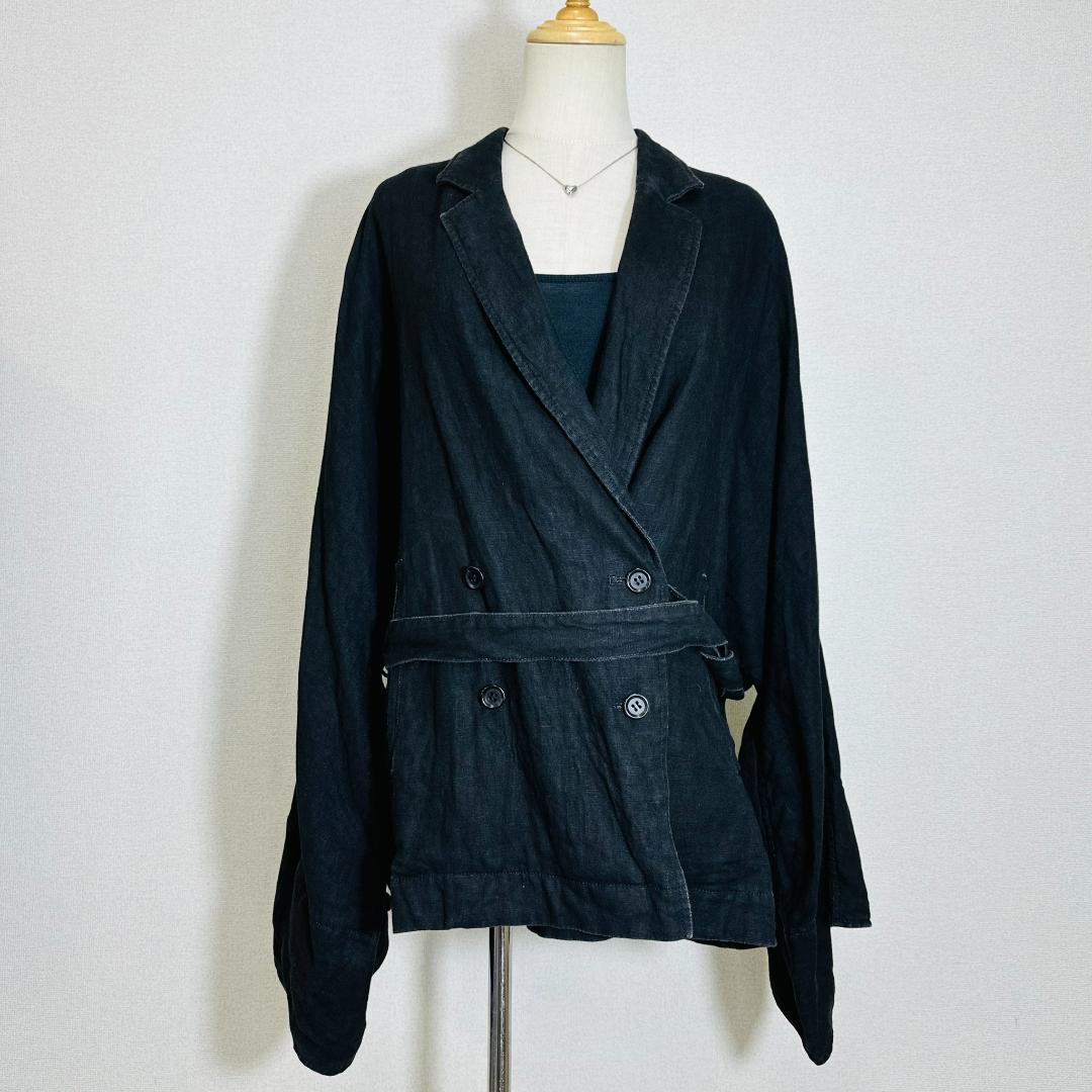 【美品】ゼロイチユーイチゼロ リネンジャケット ダブル仕様 ベルト付 Fブラック