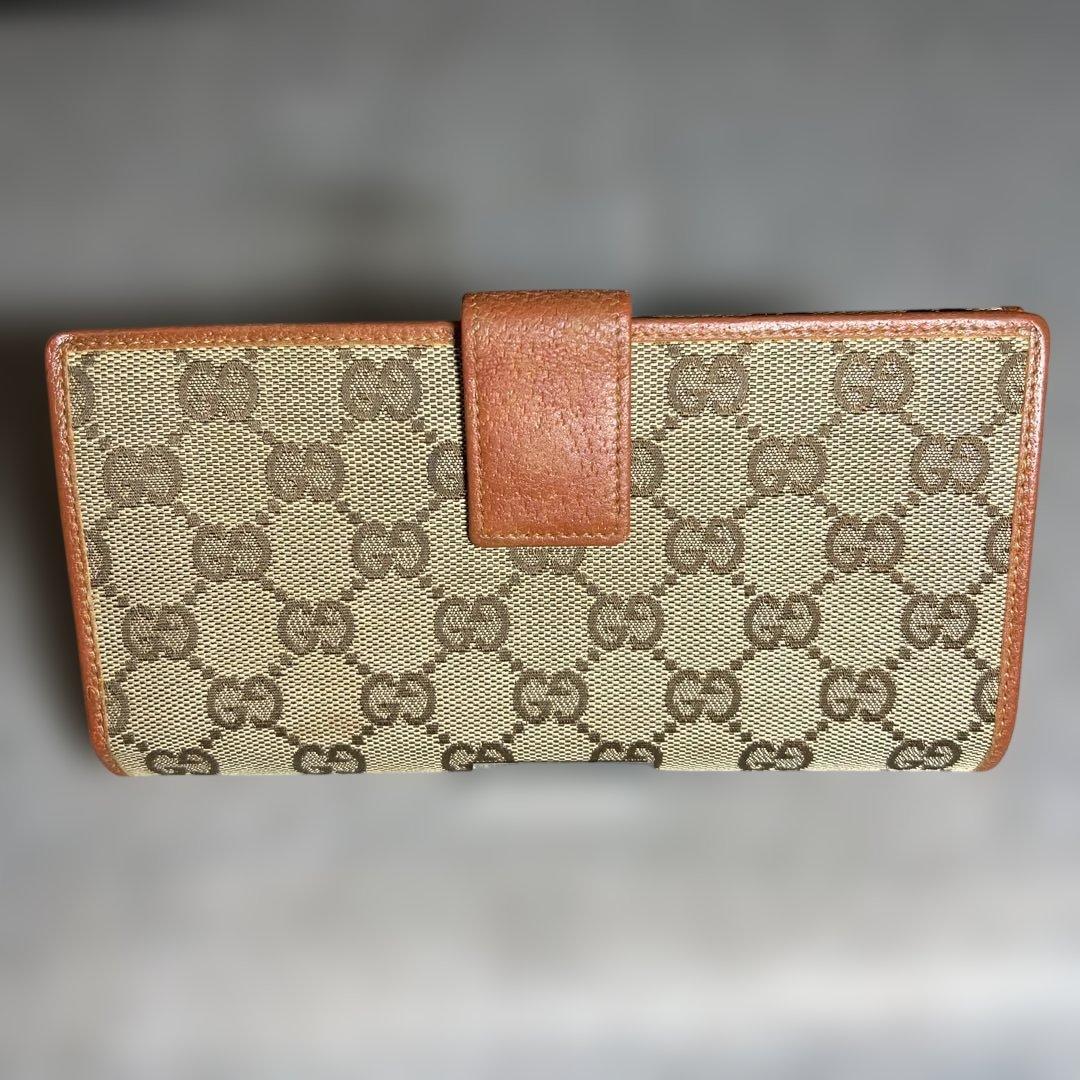GUCCIグッチ 長財布 キャンバス フラップ プレート 二つ折り GG柄