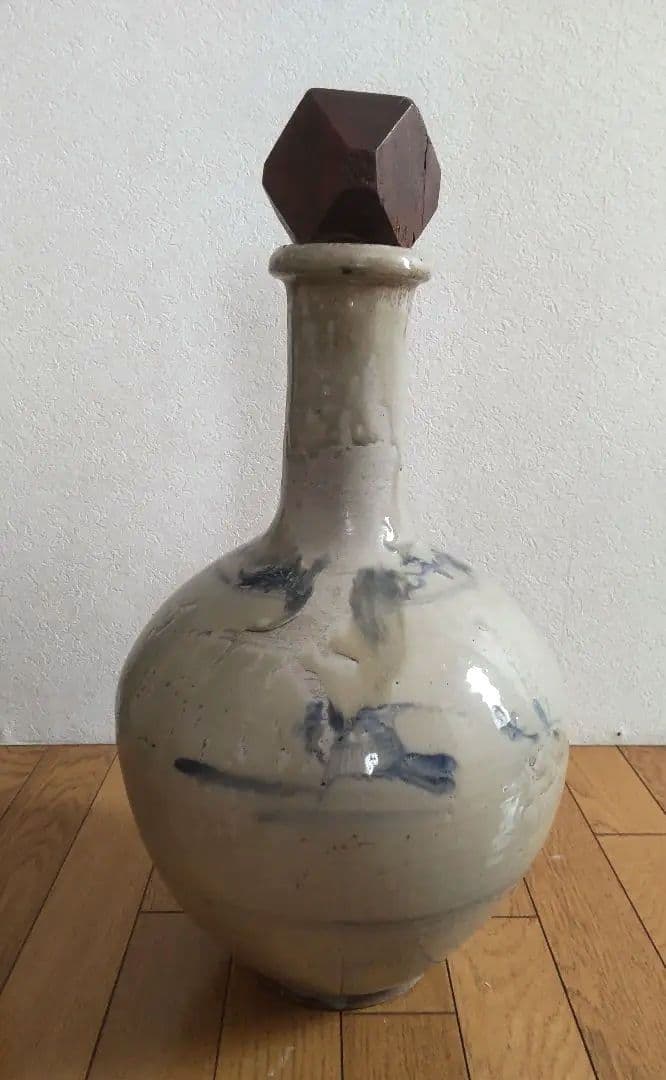 古い平清水焼　染付　大徳利　木製蓋付き