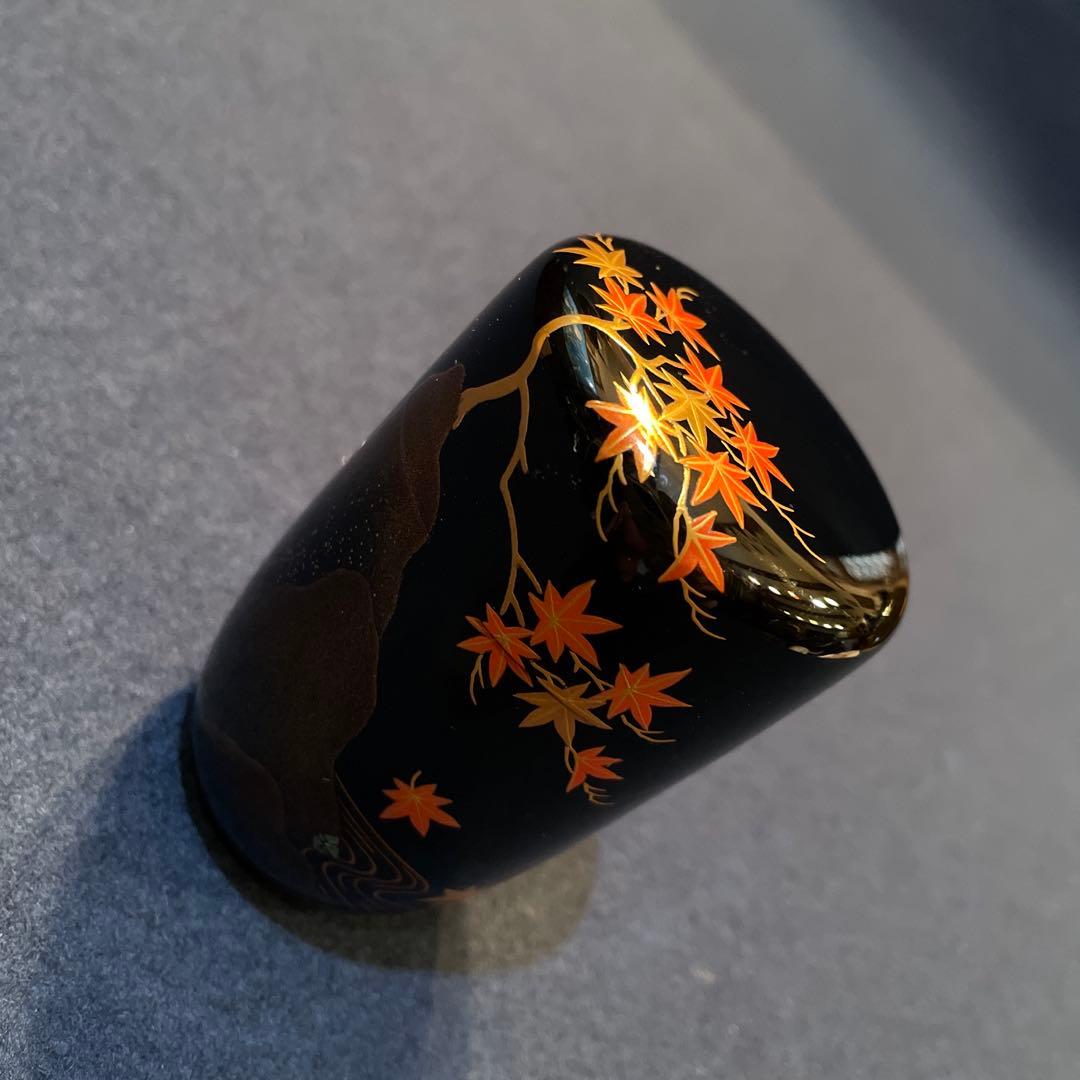 【竹内 幸斎】(造)『紅葉蒔絵の細棗』共箱　※美品 茶道具「棗」