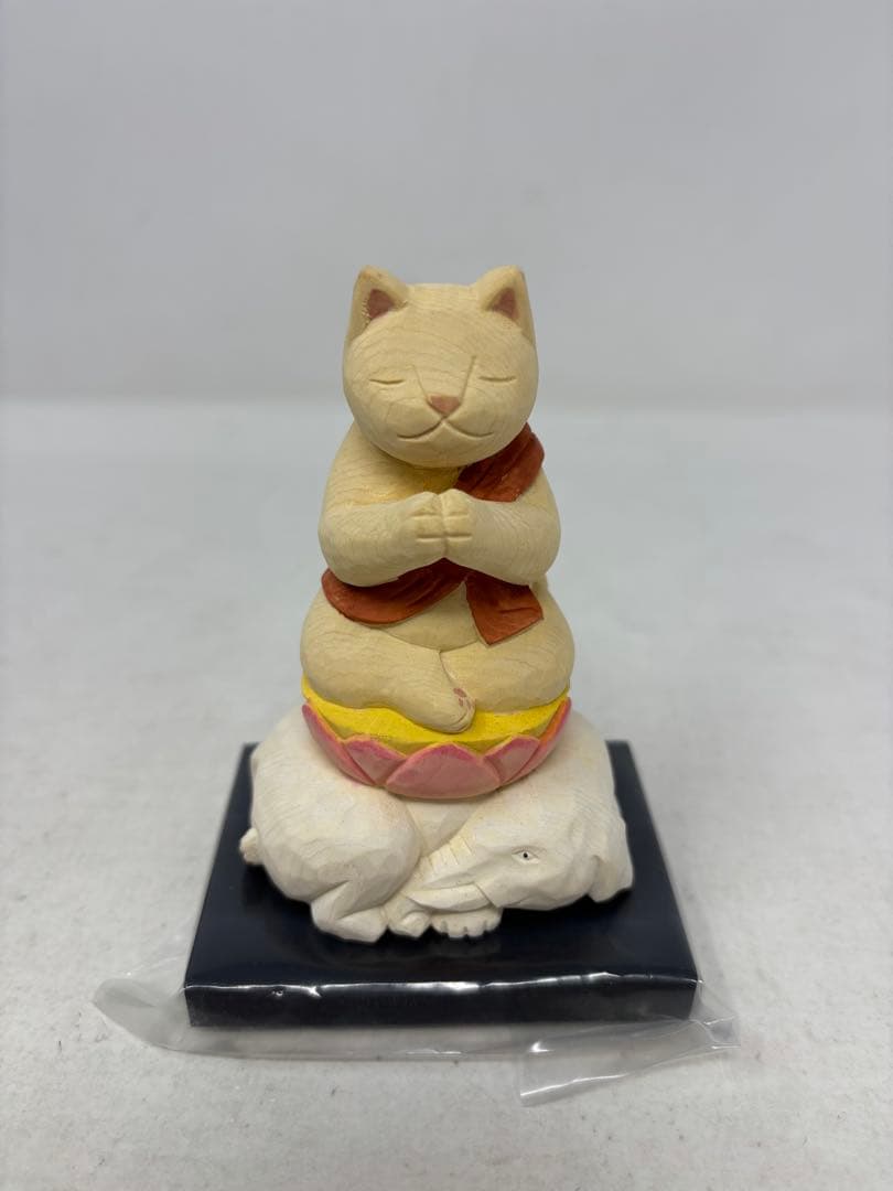 A1400 猫buddha にゃんぶっだ 普賢菩薩 木彫 縁起物 T00540