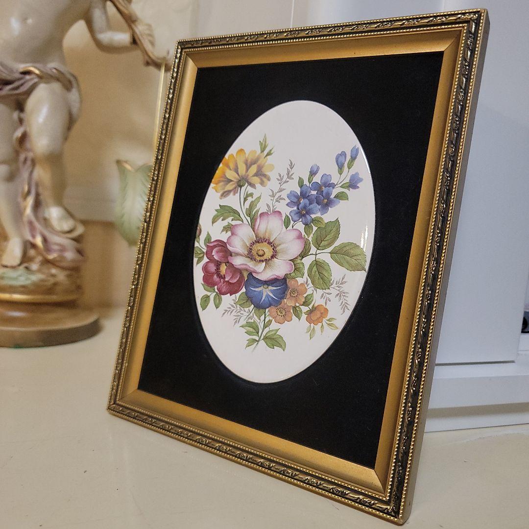 70'sイギリスアンティーク　陶板画　ヴィンテージ　お花のオーバルプレート陶板額