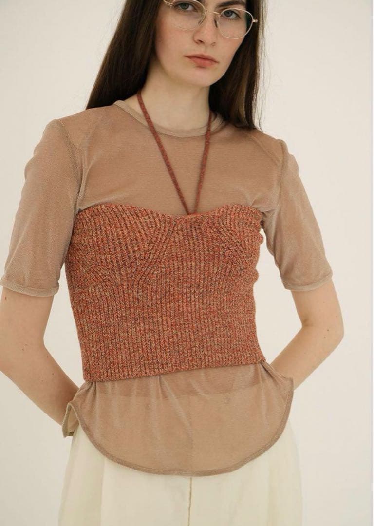 トップス CLANE SHEER VELOUR POWER SHOULDER TOPS