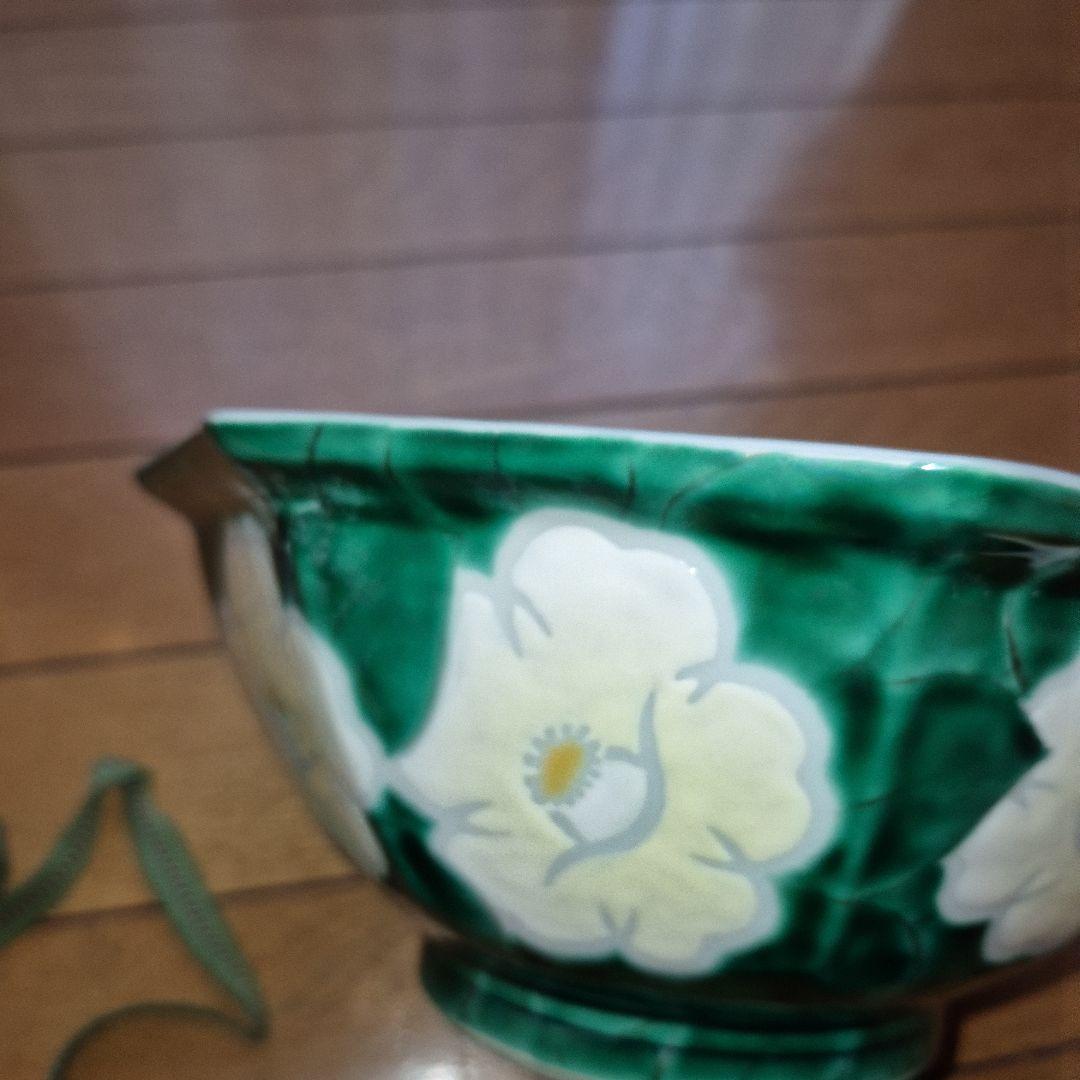 椿文 八角形花柄陶器皿 木箱付き