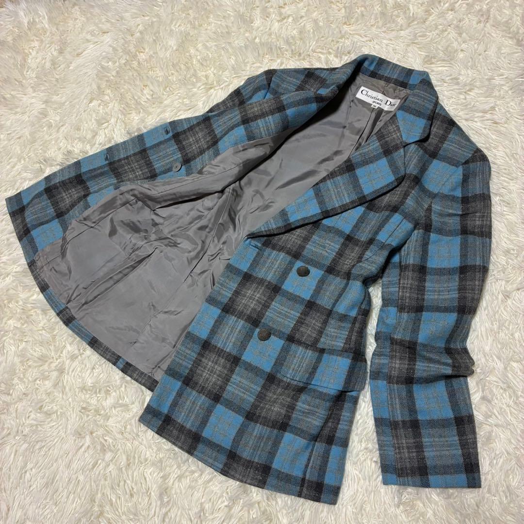 ChristianDior テーラードジャケット　チェック柄　ブルー系　ウール
