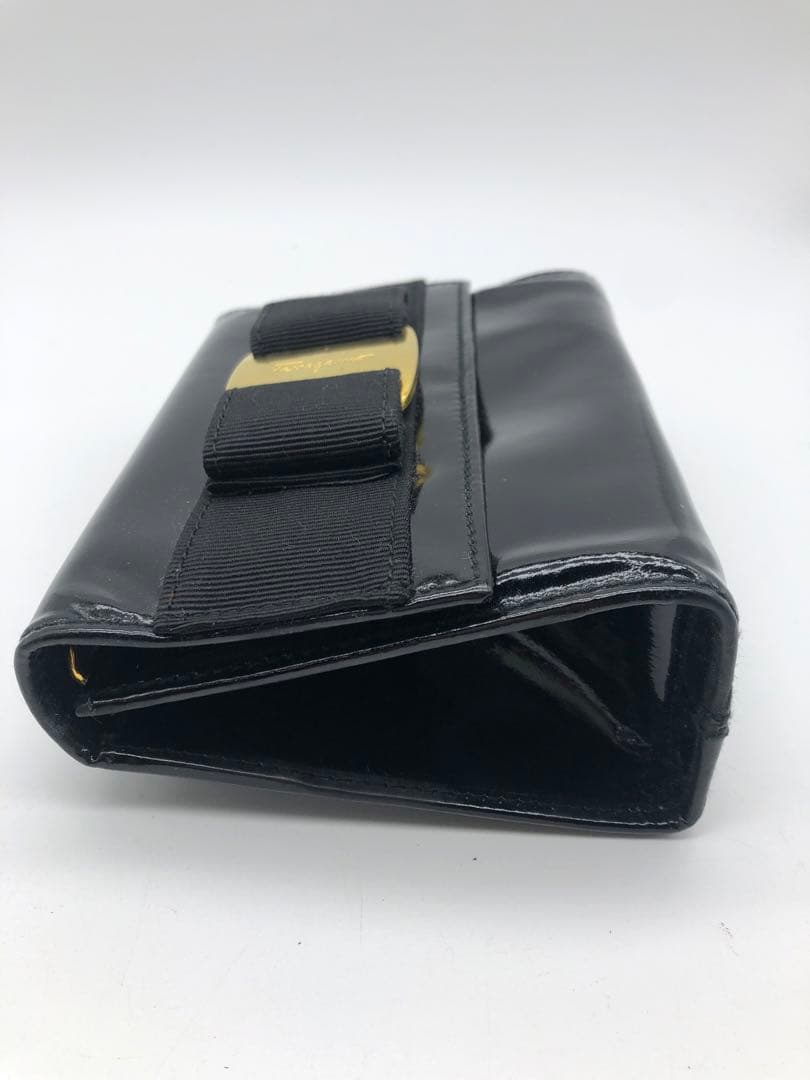 Ferragamo フェラガモ　リボン　ブラックレザー 名刺入れ　ゴールド金具
