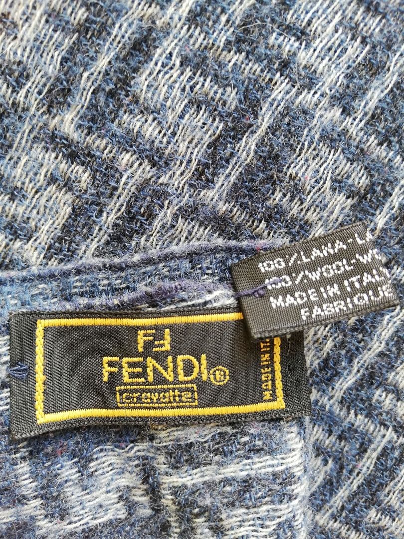 ★FENDI★ウールマフラー　ロゴ入　ネイビー×グレー メンズ　レディース