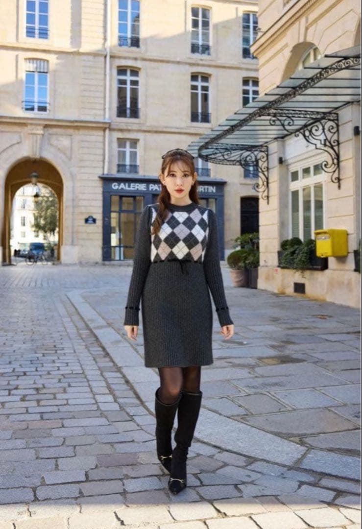 ワンピース Herlipto Moor Argyle Ribbon Knit Dress