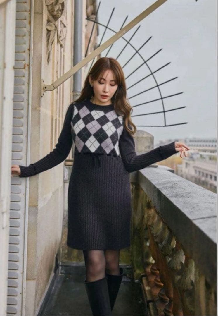 ワンピース Herlipto Moor Argyle Ribbon Knit Dress