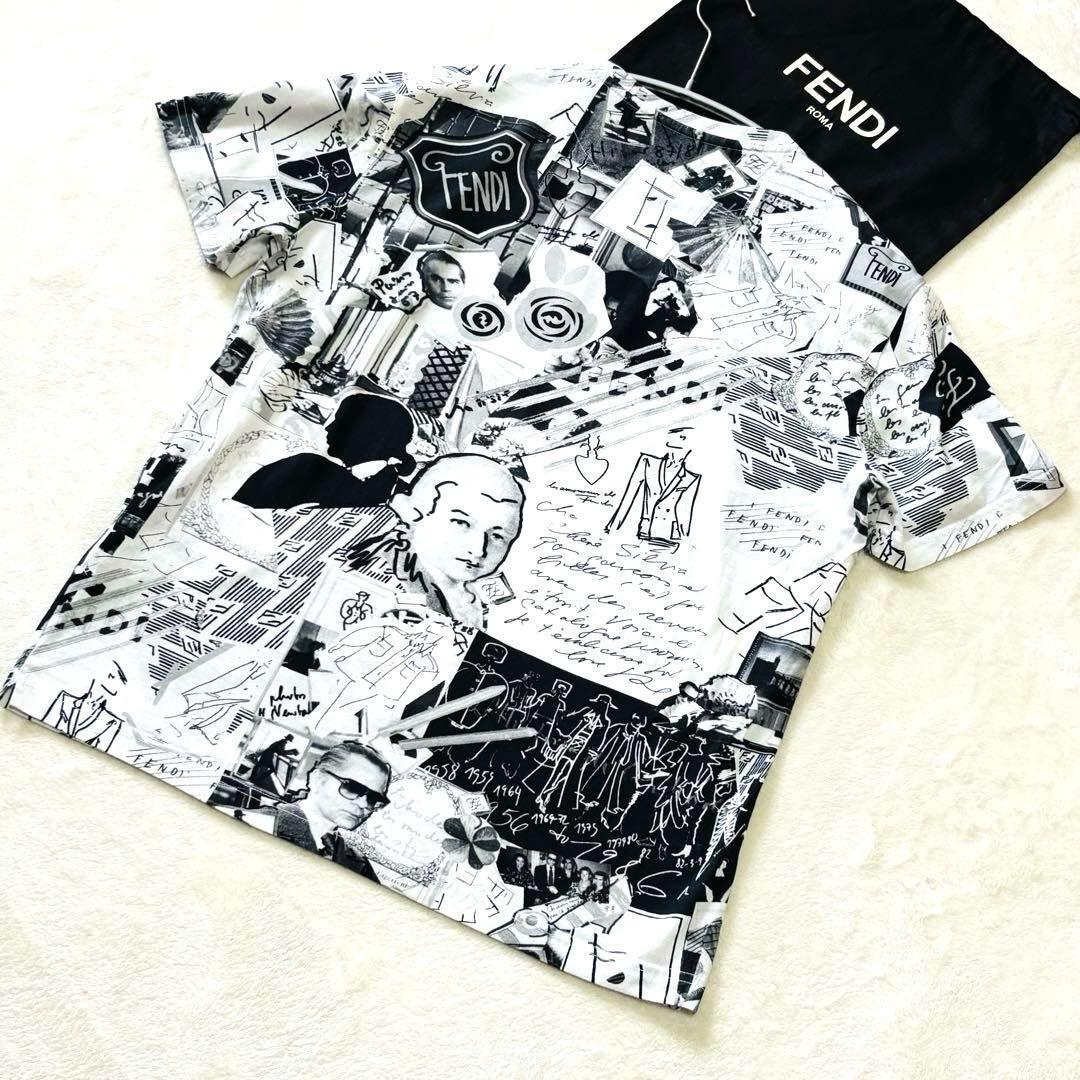 【極美品】 フェンディTシャツ L カールラガー コラージュプリント 半袖 白黒