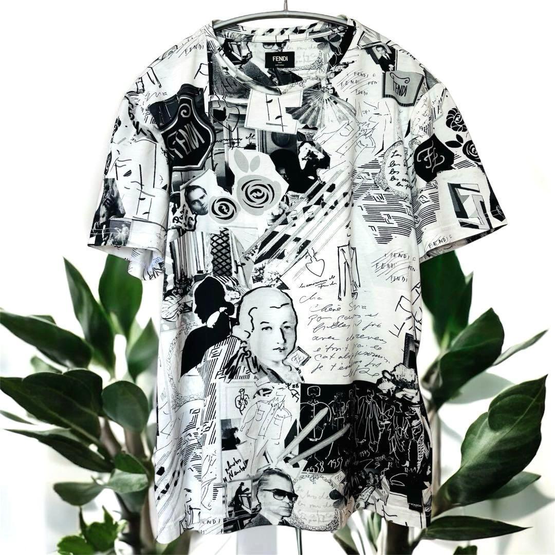 【極美品】 フェンディTシャツ L カールラガー コラージュプリント 半袖 白黒