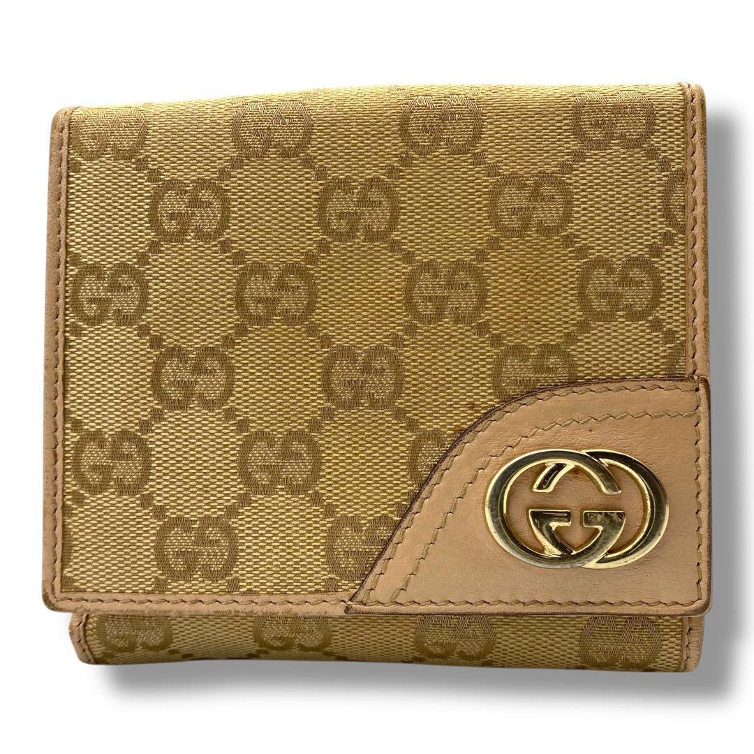 美品 GUCCI グッチ 二つ折り財布 キャンバス レザー GGスプリーム