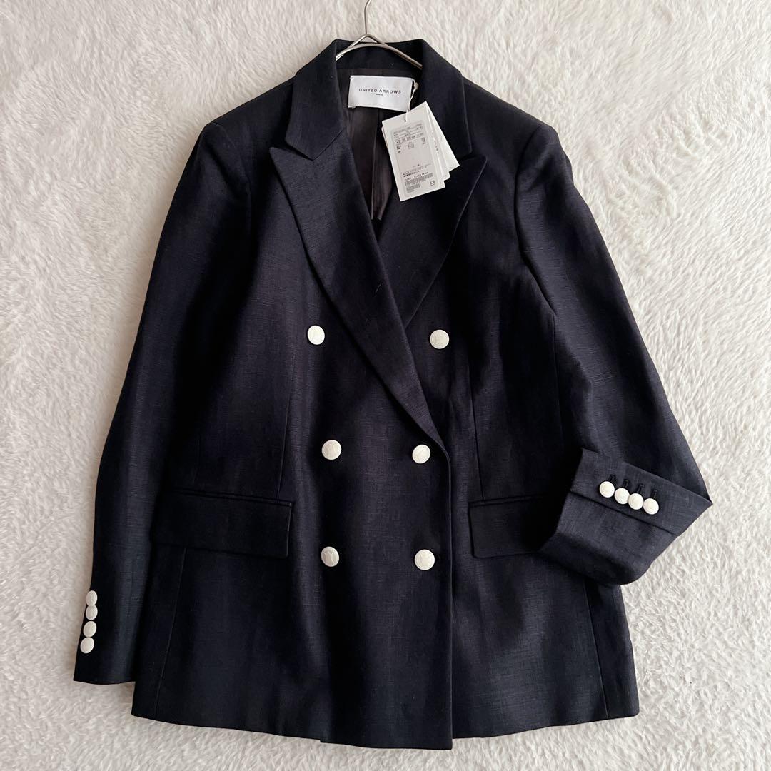 未使用タグ付✨ユナイテッドアローズ リネン ダブルブレスト ジャケット ネイビー
