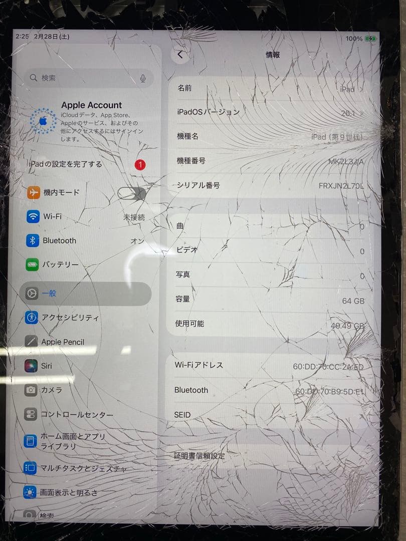 ジャンク品Ipad 第9世代 64GB N2L70L