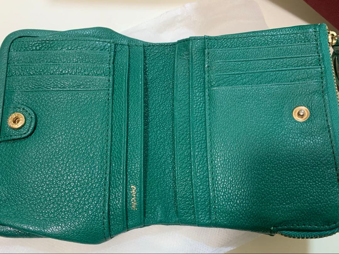 春財布新品同様♦︎ ペルケ perche / アクリル玉がま口2つ折り財布グリーン