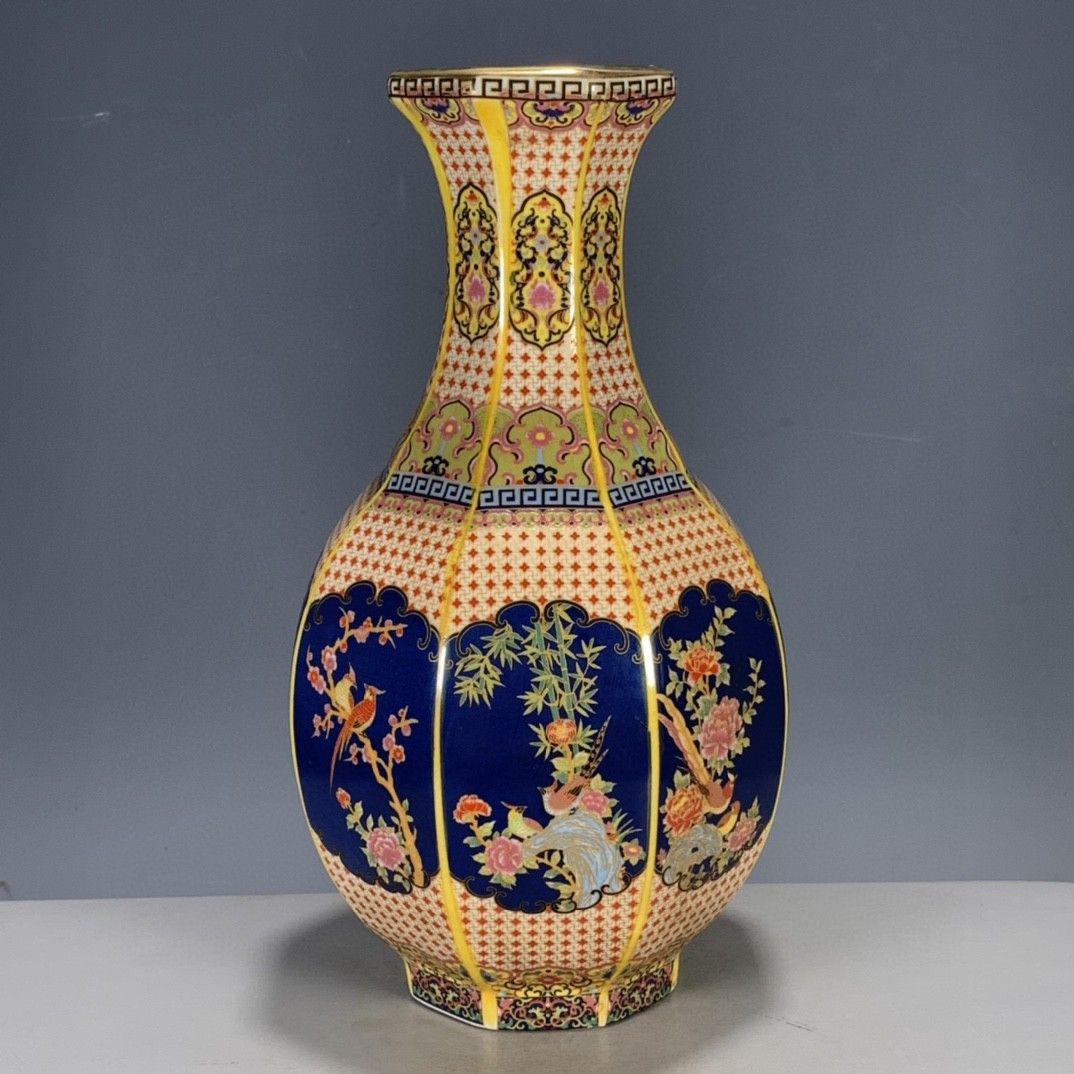 粉彩蒔花鳥六稜花瓶 工芸品 美術品 置物
