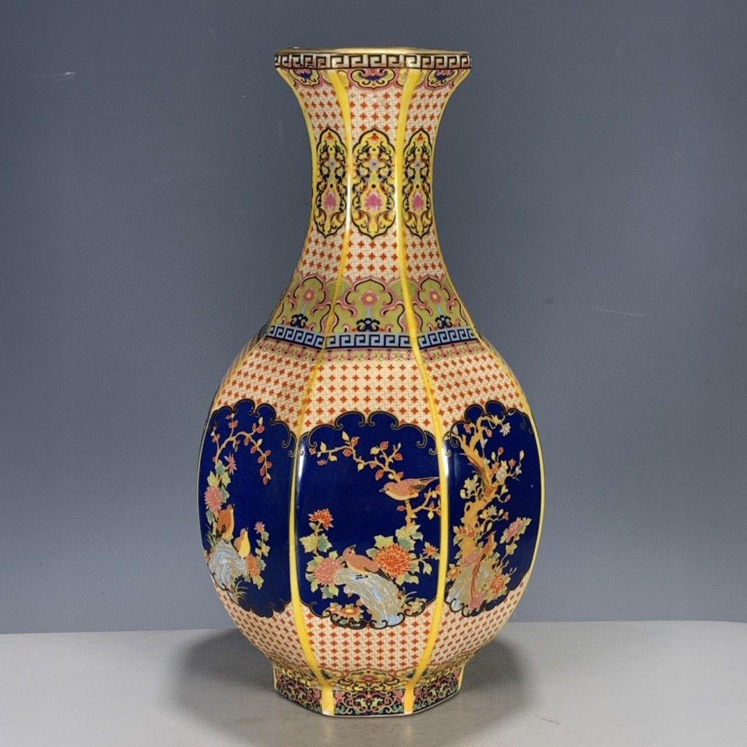 粉彩蒔花鳥六稜花瓶 工芸品 美術品 置物