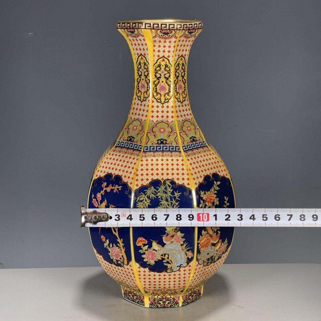 粉彩蒔花鳥六稜花瓶 工芸品 美術品 置物