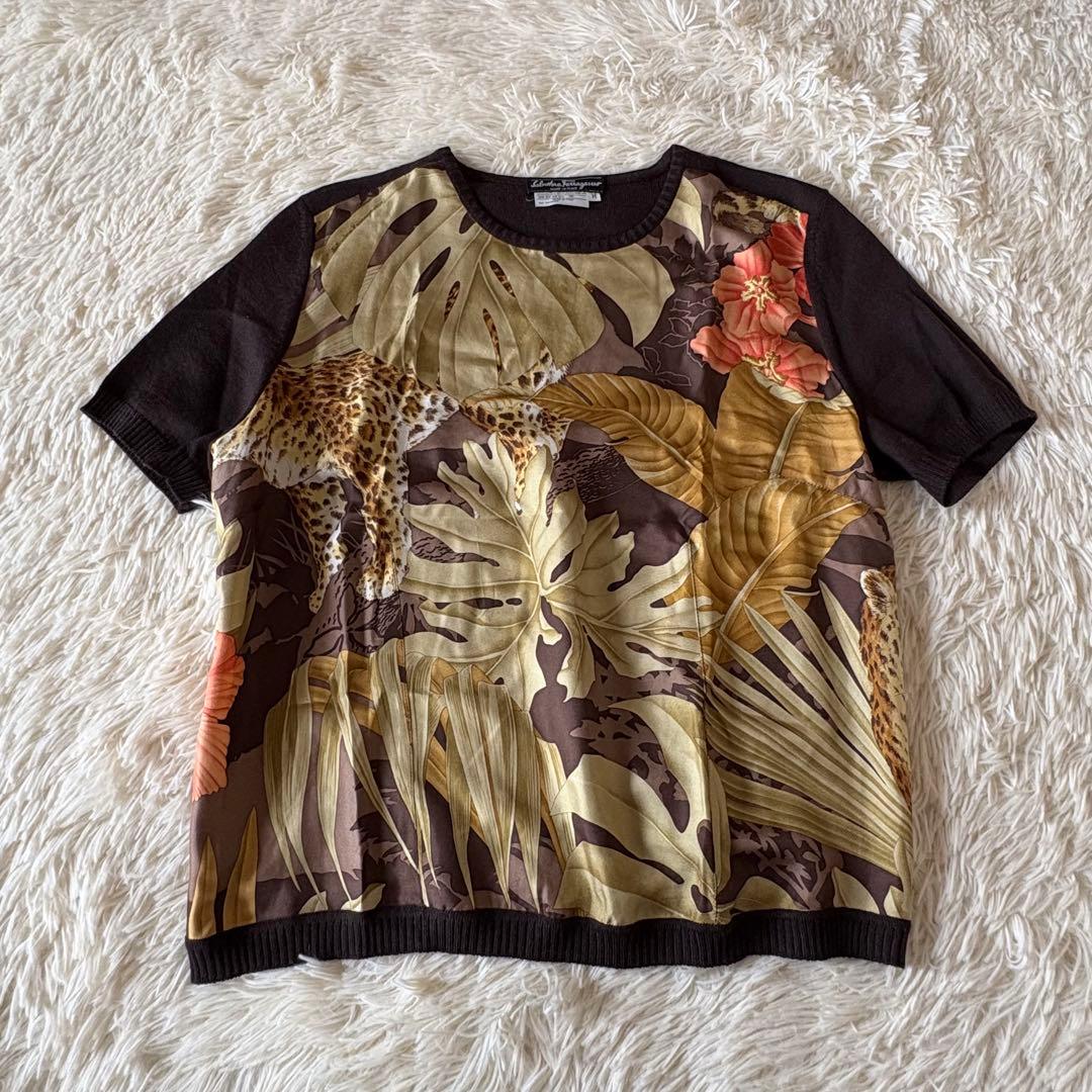 美品✨フェラガモ　アンサンブル　毛×絹　アニマル　花　レオパード　伊製　M〜L