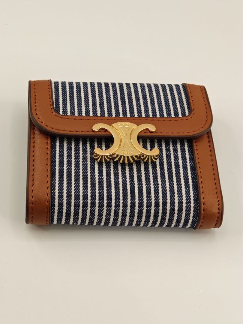CELINE トリオンフ ミニ財布 ストライプ×ブラウン