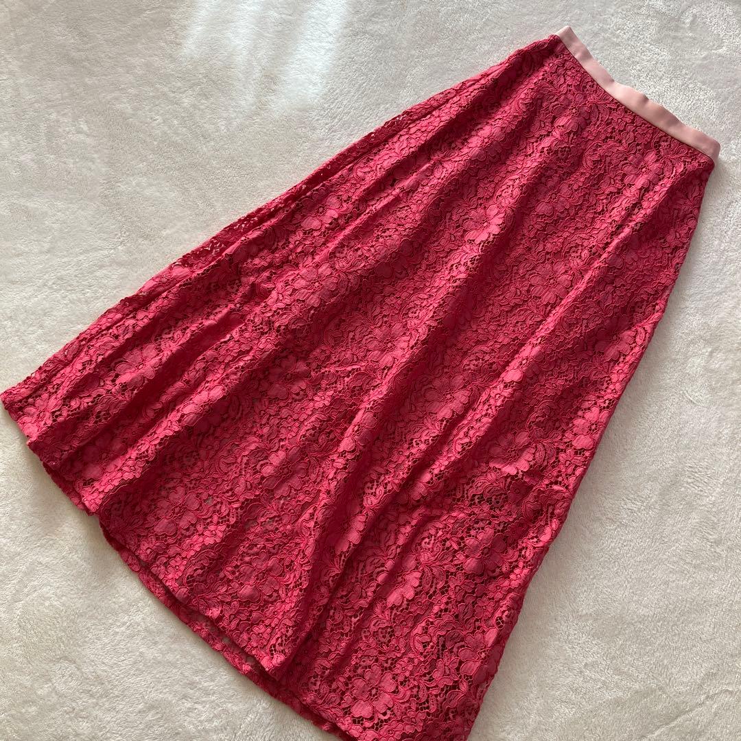 OBLI コード刺繍総レース　フレアロングスカートM ピンク　レッド　フラワー