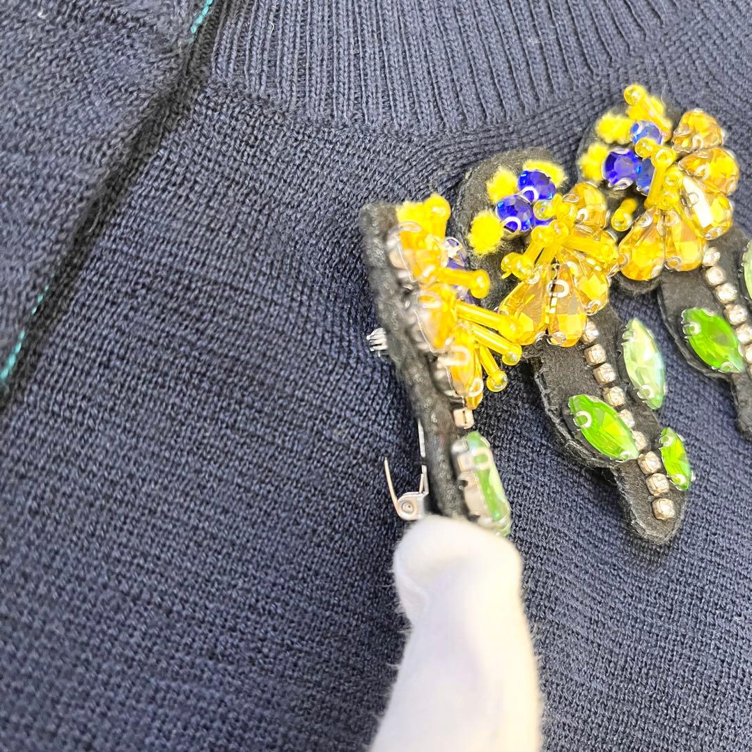 極美品　ミュベール　ビジュー　ウール　カーディガン　ネイビー