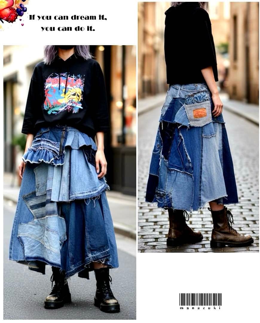 デニムパッチワーク☆巻エプロン＋フリルスカート☆セットアップ