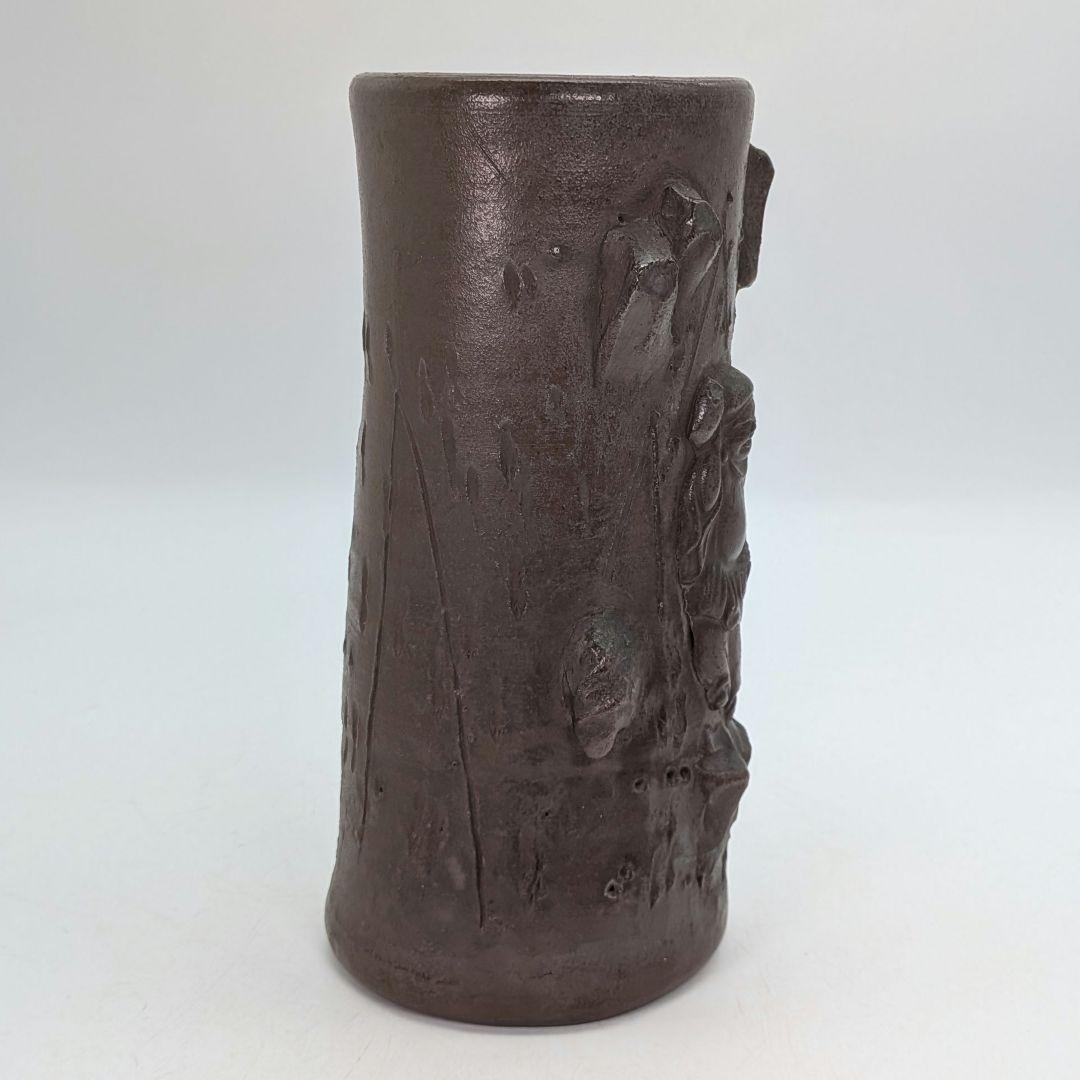 明治時代 備前焼 装飾花入 大黒天彫貼付 大黒様 七福神 縁起物 花器 花瓶