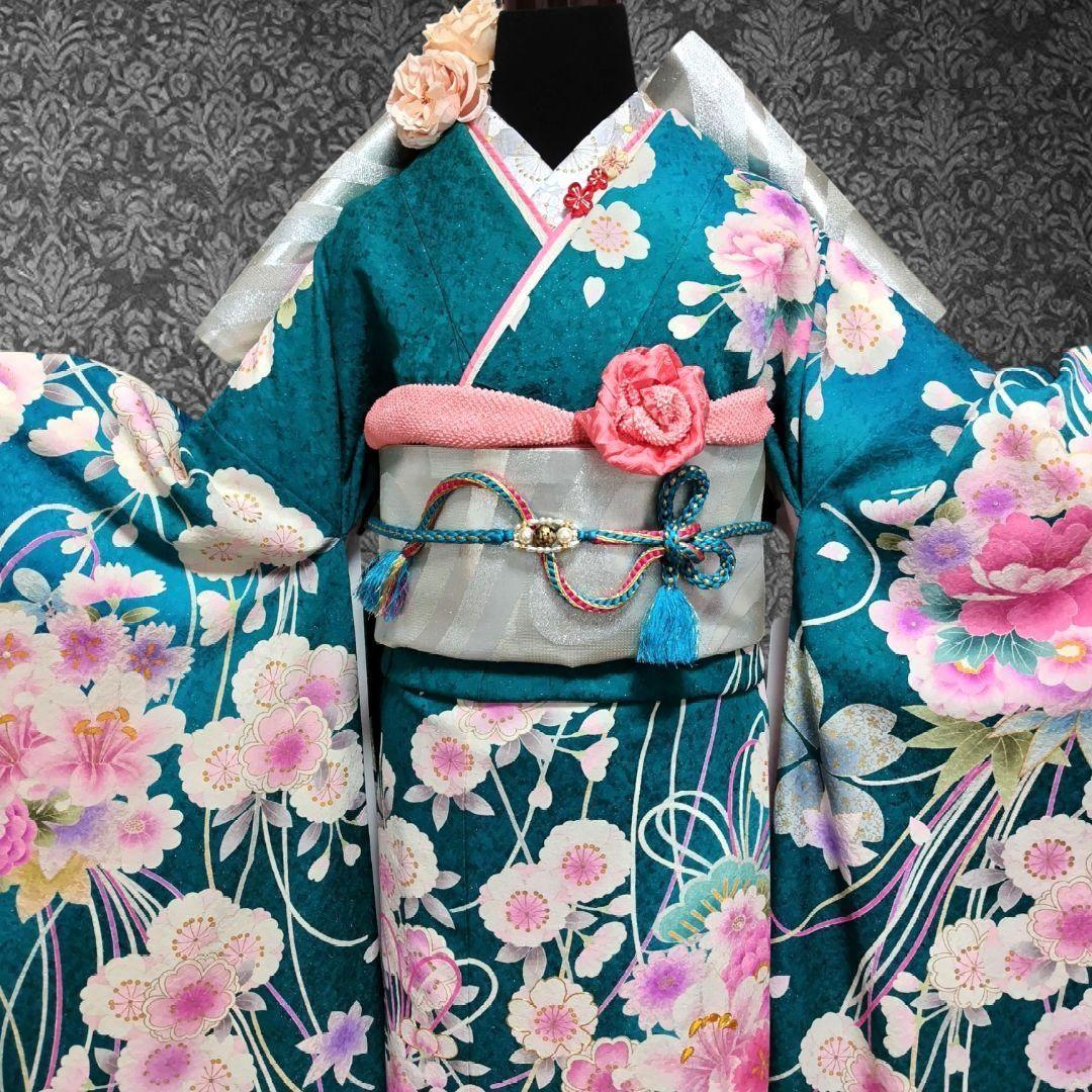 SALE中☆振袖フルセット(7点)・金駒刺繍・金彩加工・銀通し・鹿の子柄