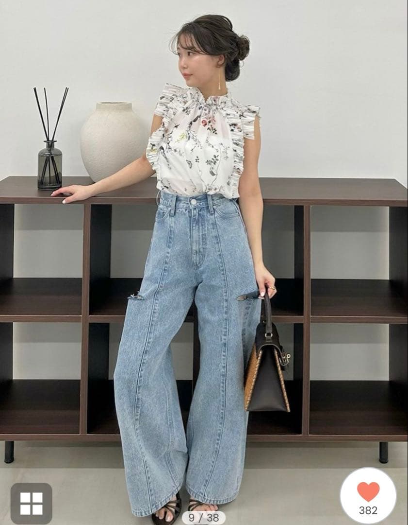 フレイアイディー　カットアウトバレルデニムパンツ　LBLU 00