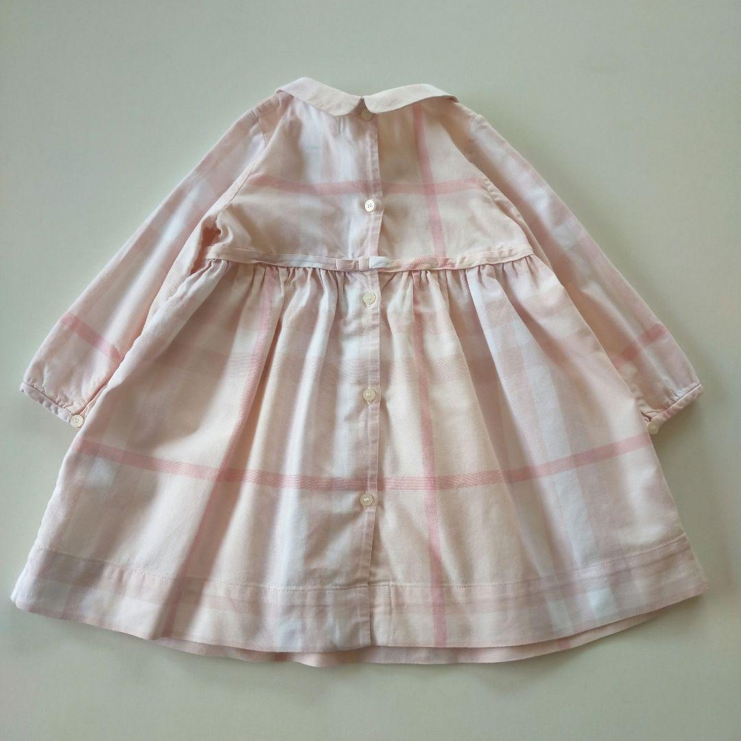 美品★12M 80cm BURBERRYバーバリー ピンクチェック長袖ワンピース