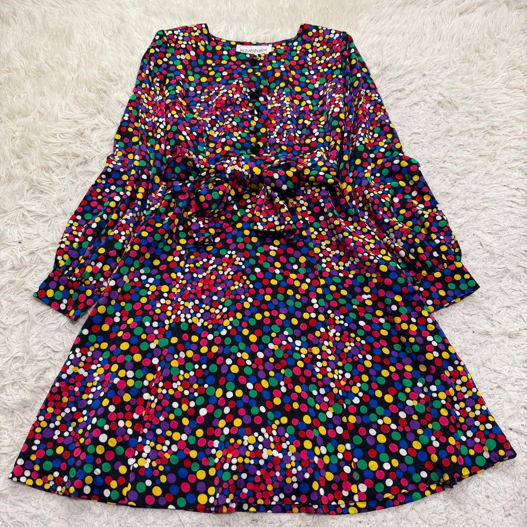 希少極美品　サンローラン　マルチカラーワンピース　スカーフ　ベルト　パフスリーブ