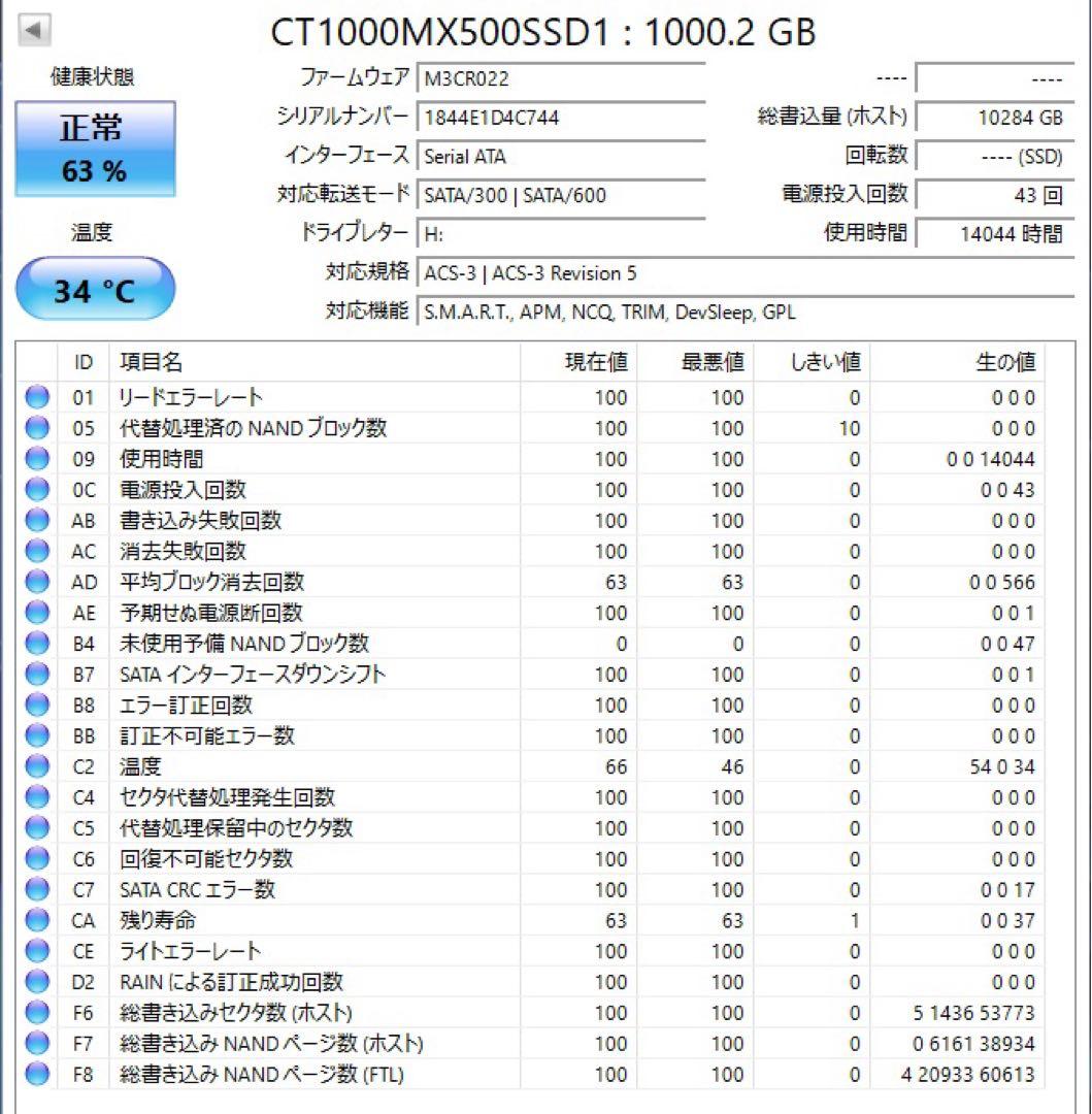 【ジャンク】crucial MX500 1000GB(1TB) SSD