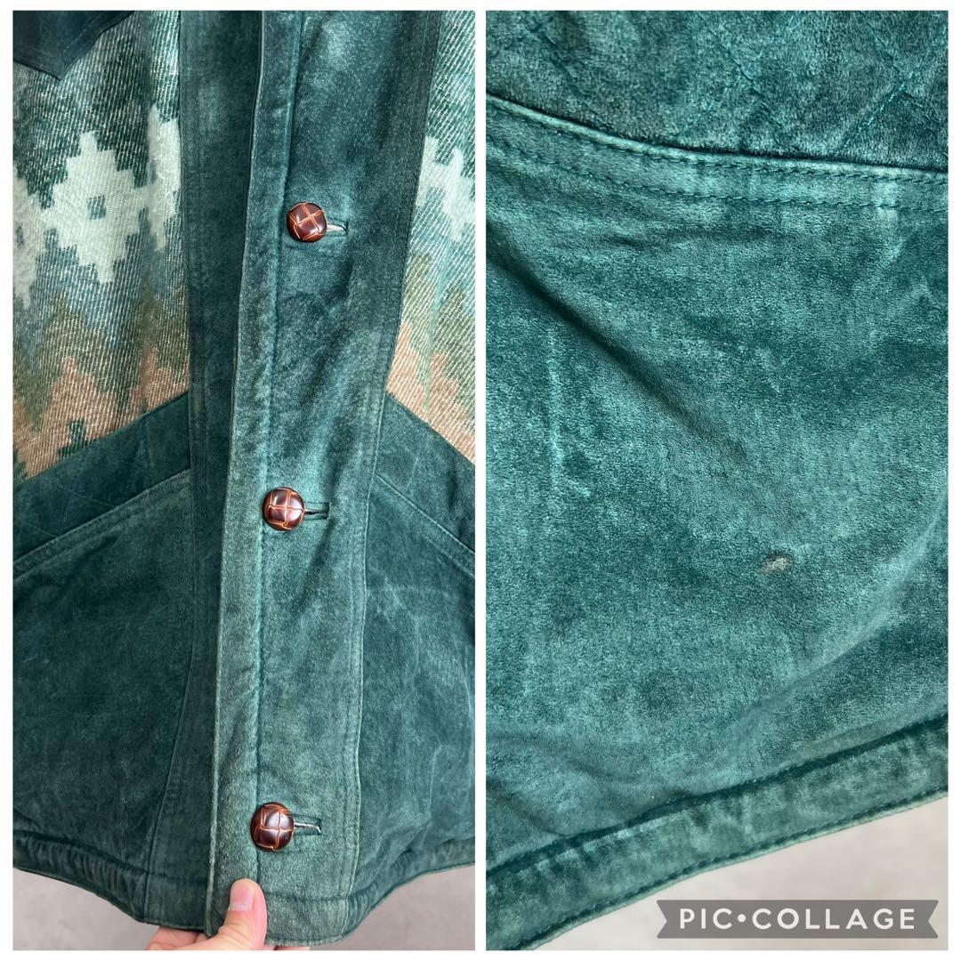 ユーロ古着 レザー ニットジャケット 裏ボア ネイティブ柄 vintage