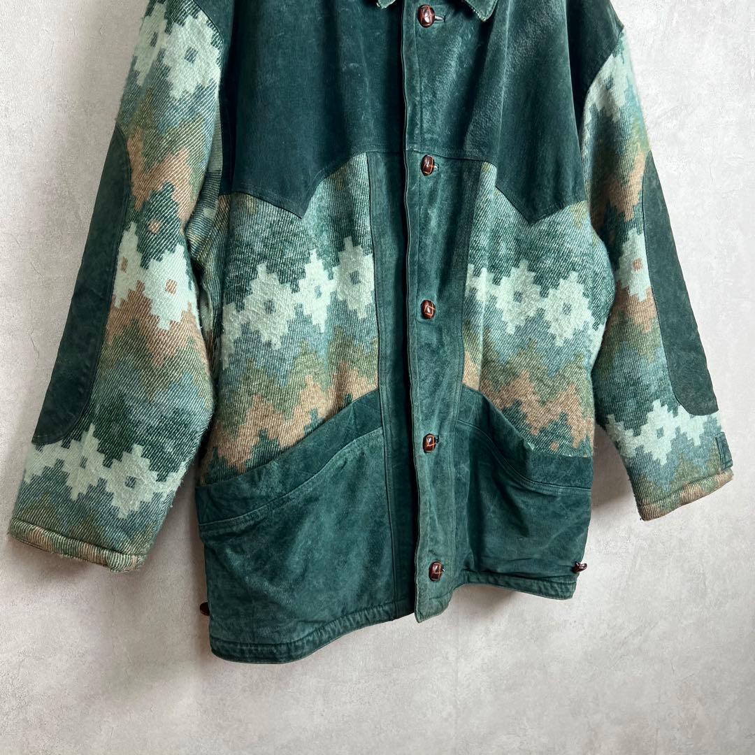 ユーロ古着 レザー ニットジャケット 裏ボア ネイティブ柄 vintage
