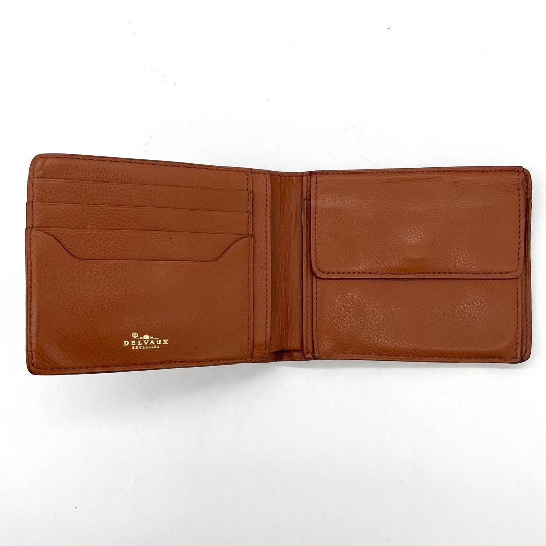 【美品】デルヴォー　二つ折り財布　Dロゴ　ゴールド金具　レザー　ブラウン