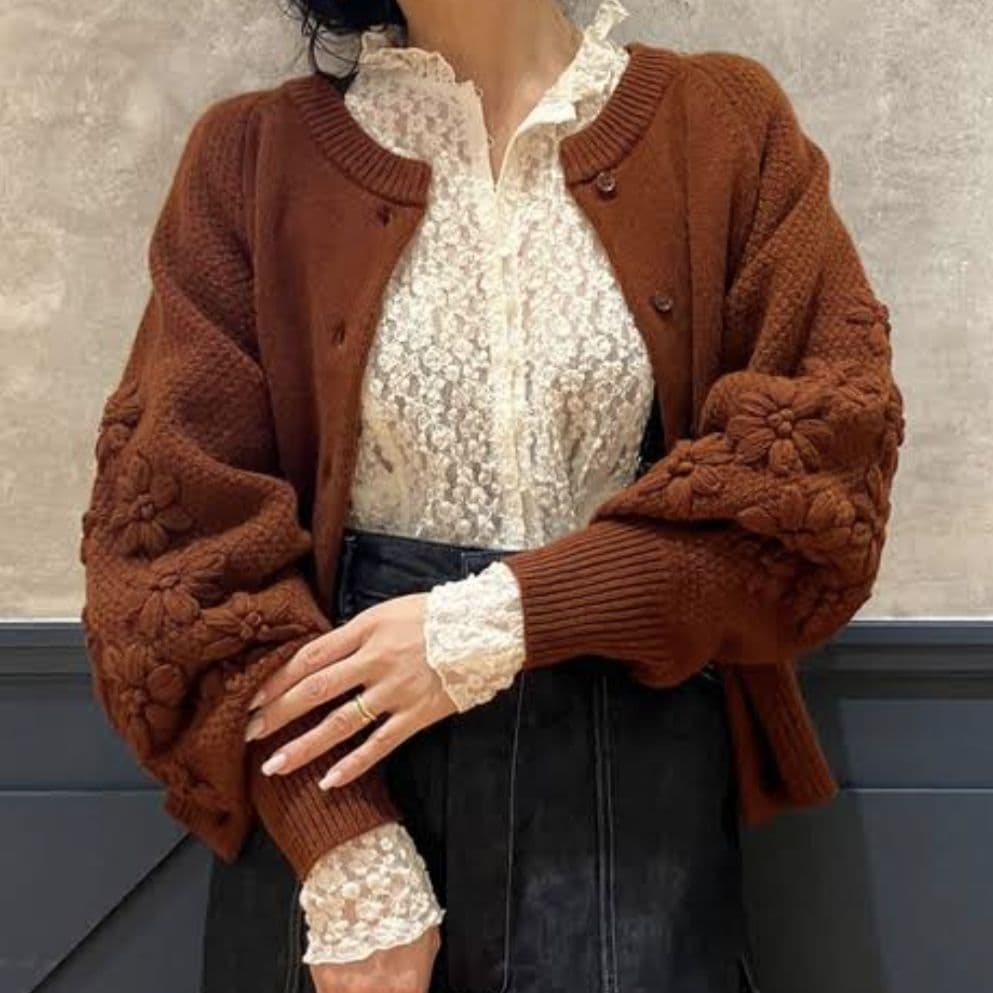 最終価格 IENA イエナ 花柄刺繍 カーディガン 茶　ニット　カシミヤ　ウール