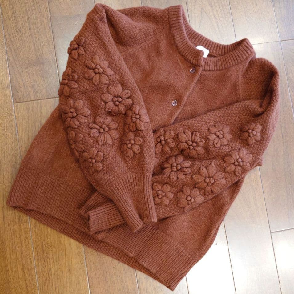 最終価格 IENA イエナ 花柄刺繍 カーディガン 茶　ニット　カシミヤ　ウール