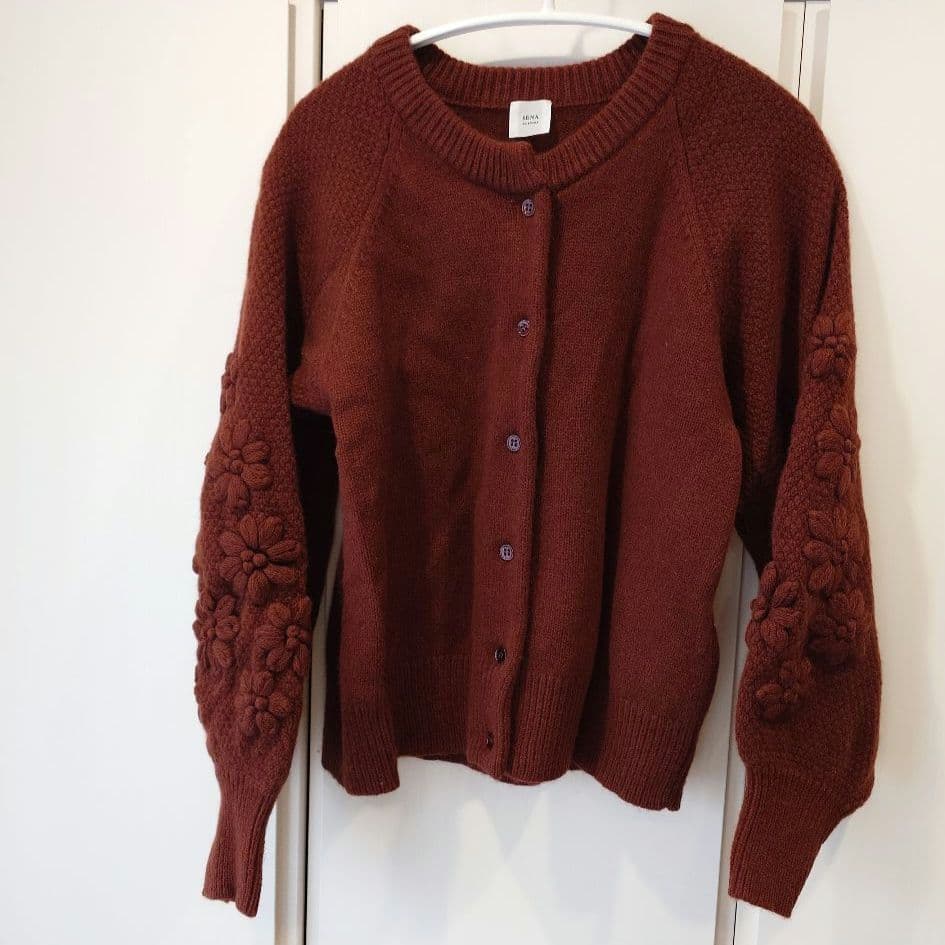 最終価格 IENA イエナ 花柄刺繍 カーディガン 茶　ニット　カシミヤ　ウール