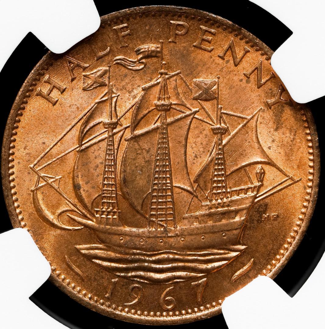NGC-MS63RB イギリス　 エリザベス2世　1967 1/2ペニー　銅貨