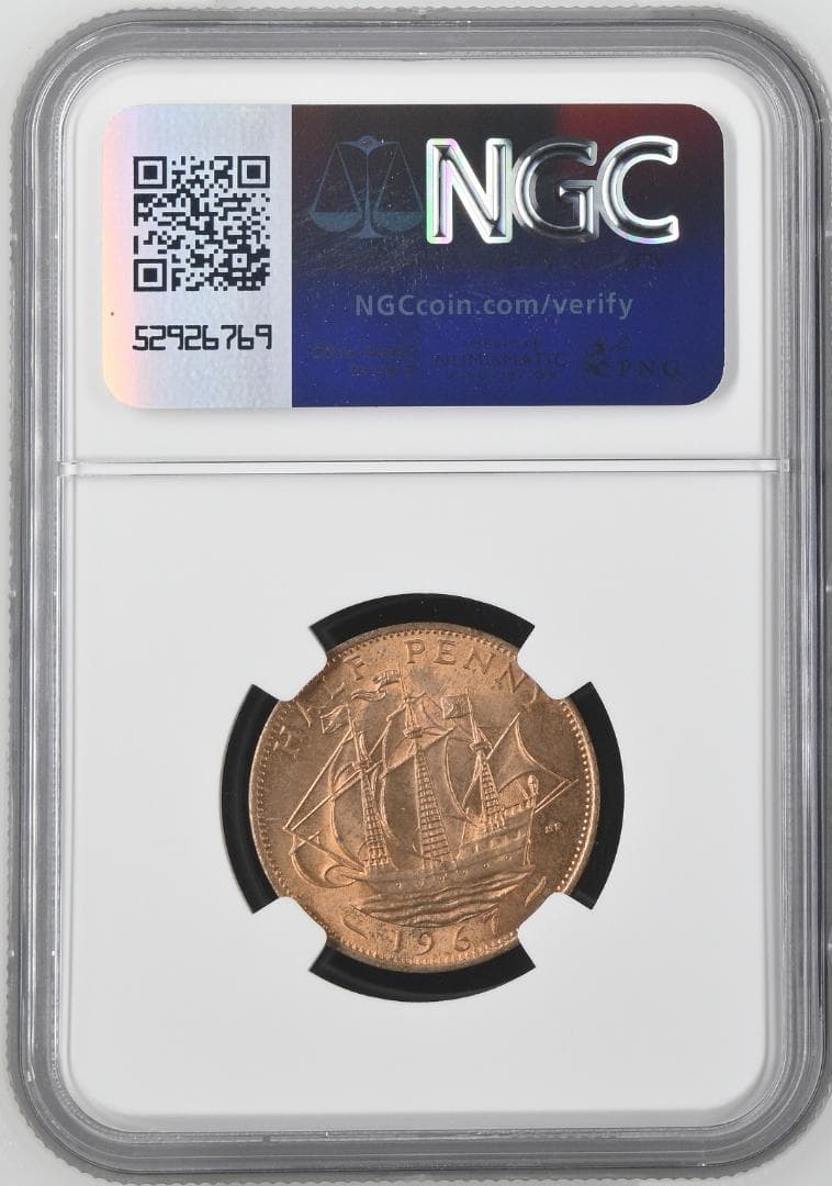 NGC-MS63RB イギリス　 エリザベス2世　1967 1/2ペニー　銅貨