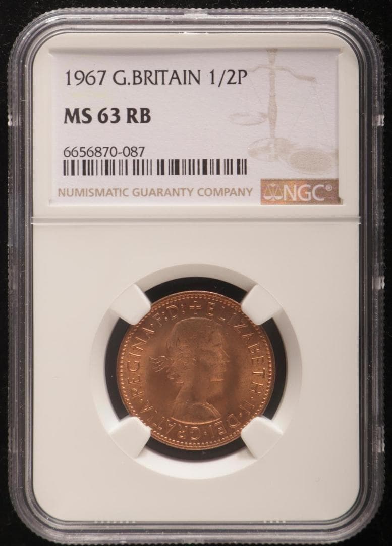 NGC-MS63RB イギリス　 エリザベス2世　1967 1/2ペニー　銅貨