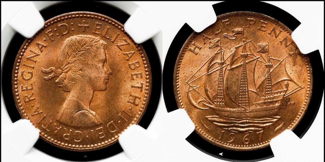 NGC-MS63RB イギリス　 エリザベス2世　1967 1/2ペニー　銅貨