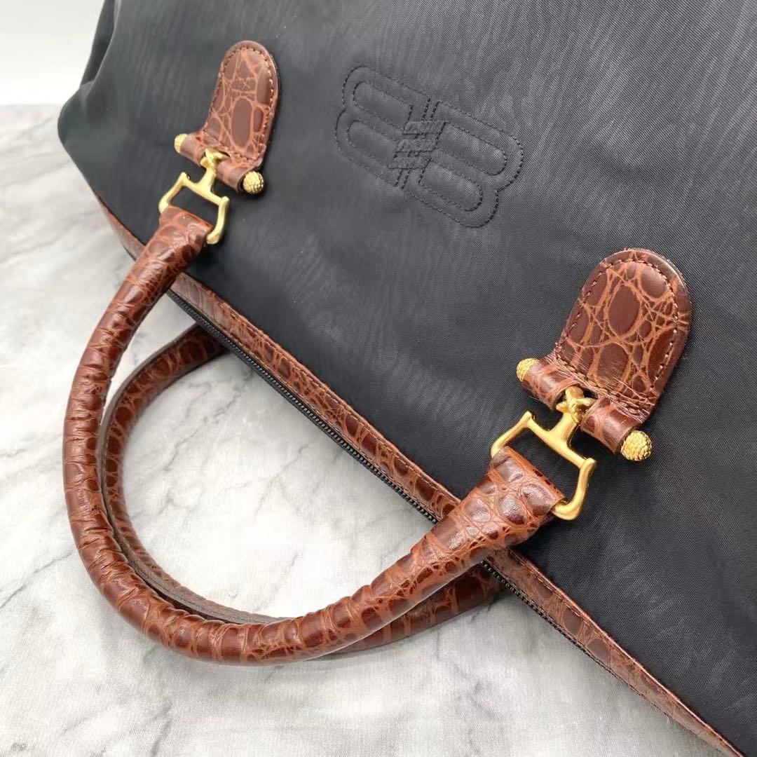 極美品　バレンシアガ　ボストンバッグ　2way　ナイロン　クロコ型押し　刺繍ロゴ