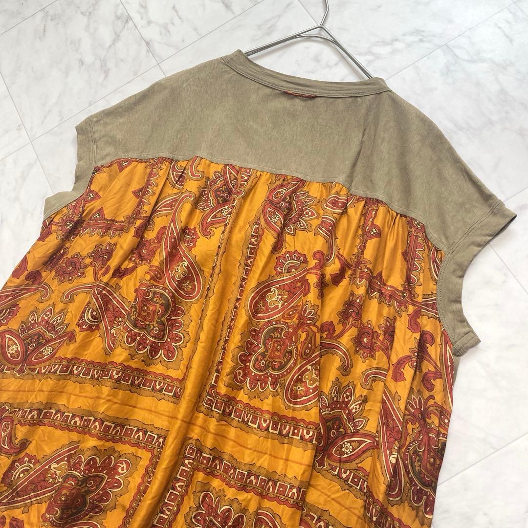 美品✨45R シルク切り替え　ペイズリーバンダナ柄　Tシャツ　フレンチスリーブ